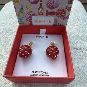 Piper K Strawberry Dangle Earrings Gold tone Glass Stones New in Gift Box NIB